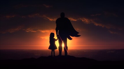 Father and his daughter playing outdoors. Daddy and his child girl in an Superhero's costume