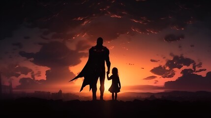 Father and his daughter playing outdoors. Daddy and his child girl in an Superhero's costume