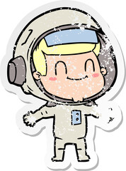 distressed sticker of a happy cartoon astronaut man
