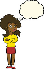 cartoon woman with folded arms with thought bubble