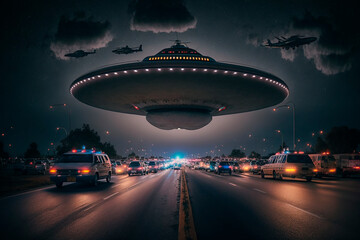 Fototapeta na wymiar UFO night flying saucer in the dark sky over the road with cars, contact with aliens, another civilization, cover illustration. Generative AI.