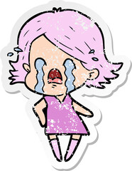 distressed sticker of a cartoon woman crying