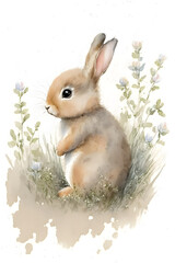cute baby rabbit in the grass and flowers