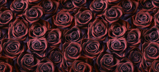 Roses in plum red color, horizontal seamless pattern. Roses arrangement in plum red and brown modern gothic style.