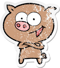 distressed sticker of a cheerful pig cartoon