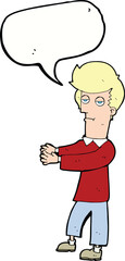 cartoon bored man showing the way with speech bubble