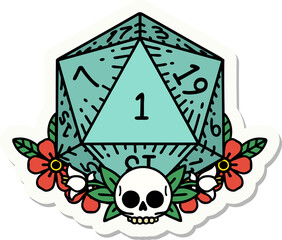 natural one dice roll with floral elements sticker