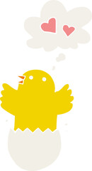 cute hatching chick cartoon and thought bubble in retro style