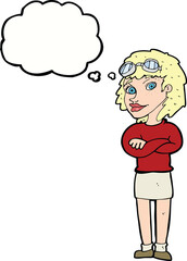 cartoon woman with crossed arms and safety goggles with thought bubble