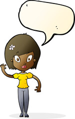 cartoon pretty woman waving with speech bubble