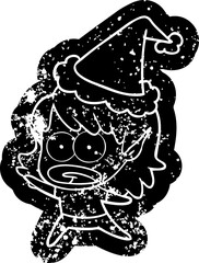 cartoon distressed icon of a shocked elf girl wearing santa hat