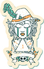 crying elf bard character with natural one D20 roll illustration