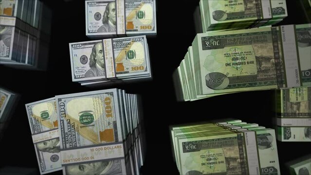 American Dollar and Ethiopia Birr money exchange. Banknotes pack bundle. Concept of trade, economy, competition, crisis, banking and finance. Notes loopable seamless 3d.