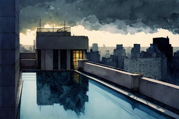 Rooftop swimming pool at twilight drawing with bit of watercolor.