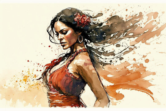 Flamenco dancer drawing with bit of watercolour.