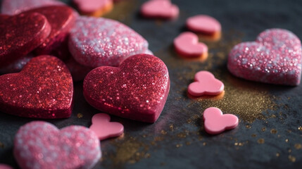 Obraz na płótnie Canvas Love hearts with pink glitters on full background