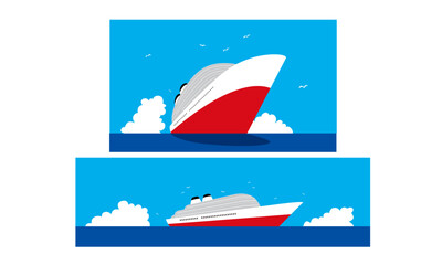 海に浮かぶ白い豪華客船とカモメのイラスト