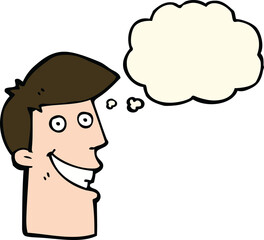 cartoon grinning man with thought bubble