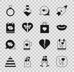 Set Love text, Calendar with February 14, Smiling lips, Speech bubble I love you, Candy heart shaped box, Wedding rings and Shopping bag icon. Vector