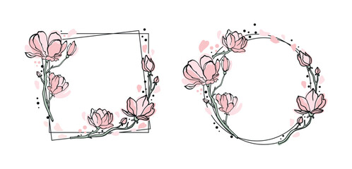 Fototapeta Flowers frame. Branches with magnolia flowers. Vector illustration. obraz