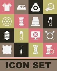 Set Sewing thread and button, knitting needles, Safety pin, chalk, T-shirt and Thimble for sewing icon. Vector