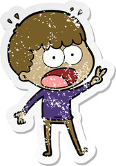 distressed sticker of a cartoon shocked man