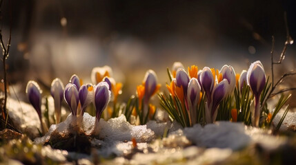 Crocus Blossoms On Melt Snow With Defocused Sunlight