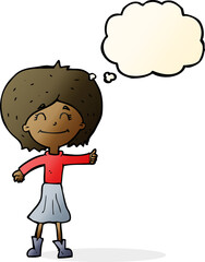 cartoon happy girl giving thumbs up symbol with thought bubble