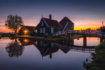 Morning at Zaanse Schans in the Netherlands - it is one of the most beautifully located open-air museums in Europe. Here we will find classic Dutch buildings. © PawelUchorczak