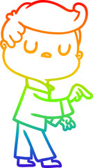 rainbow gradient line drawing cartoon aloof man pointing finger