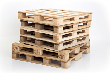 stack of wooden pallets on white. AI generative image.