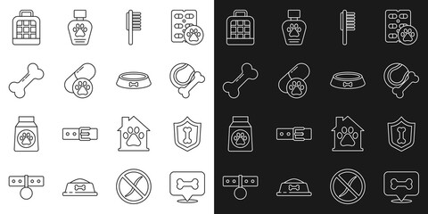 Set line Dog bone, Animal health insurance, Pet toys rubber and ball, Pets vial medical, pill, carry case and food bowl icon. Vector