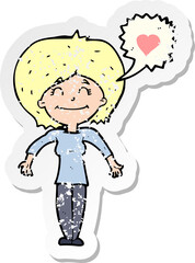 retro distressed sticker of a cartoon happy woman in love
