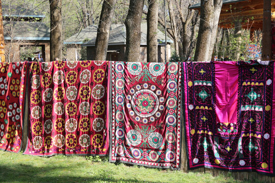 bright colorful carpets with traditional Tajik pattern