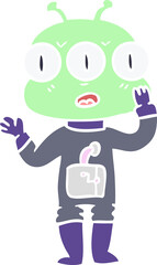 flat color style cartoon three eyed alien