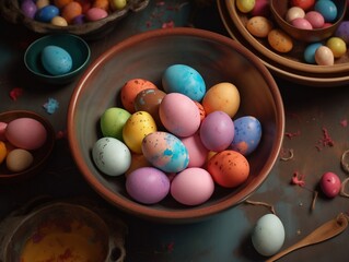 Fototapeta na wymiar top view of colorful wax-painted easter eggs in a bowl on a wooden table. dark background. spring holiday. generative ai