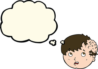 cartoon boy with ugly growth on head with thought bubble