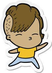 sticker of a cartoon squinting girl