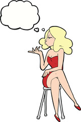 Obraz premium cartoon woman sitting on bar stool with thought bubble