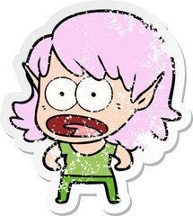 distressed sticker of a cartoon shocked elf girl