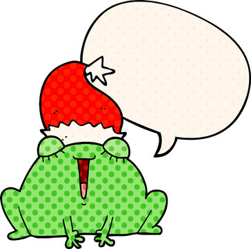 cute cartoon christmas frog and speech bubble in comic book style