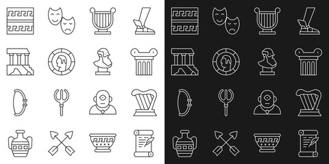 Set line Decree, parchment, scroll, Harp, Ancient column, lyre, Greek coin, Parthenon, pattern and bust sculpture icon. Vector