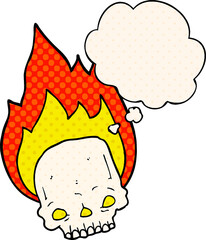 spooky cartoon flaming skull and thought bubble in comic book style