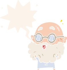cute cartoon surprised old man and speech bubble in retro style