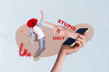 Creative collage minimal template of young headless red flower funny man smartphone app...