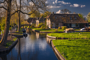 Spring in the village of Giethoorn in North Holland. This town has no roads - it travels through the canals.