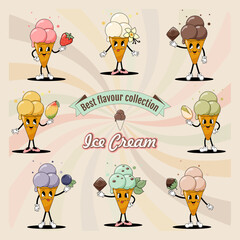 A set of ice creams in a cone with popular flavors. Cute cartoon character from the 60s, 70s. Retro style.