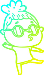 cold gradient line drawing cartoon woman wearing glasses