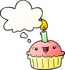 cartoon cupcake with candle and thought bubble in smooth gradient style