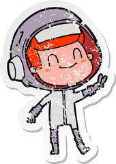 distressed sticker of a happy cartoon astronaut